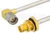 SMA Male Right Angle to SMA Female Bulkhead Semi-Flexible Precision Cable Using PE-SR402FL Coax, LF Solder, RoHS