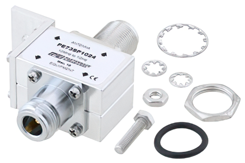 同轴射频浪涌保护器，N型F/F输入/输出穿墙式，10 MHz至1 GHz，直流隔断，1.5kW，3.5mJ，20kA，屏蔽盖和气管