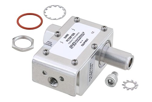 同轴射频浪涌保护器，N型M/F输入/输出，100 MHz至512 MHz，直流隔断，750W，IP67，0.5uJ，20KA，滤波器，支架朝向主体