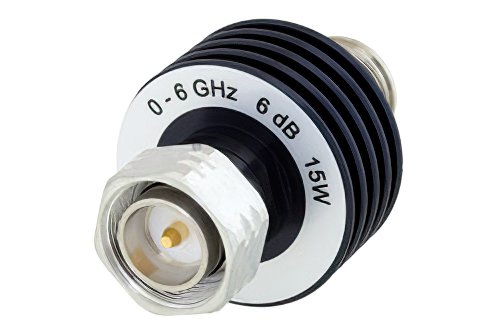 6 dB固定式衰减器，4.3-10公头转4.3-10母头，铝制主体，额定功率为15瓦，最高频率为6 GHz