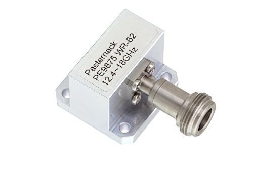 WR-62 波导同轴转接头，方形法兰转N型母头，工作频率为12.4 GHz至18 GHz，Ku频段