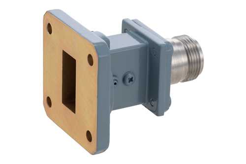 WR-75 波导同轴转接头，方盖法兰转端发射N型母头，10 GHz~15 GHz，M频段，铝，涂层