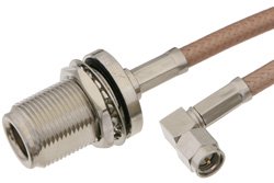 SMA Male Right Angle to N Female Bulkhead Cable 24 Inch Length Using RG400 Coax