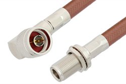 N Male Right Angle to N Female Bulkhead Cable 12 Inch Length Using RG393 Coax, RoHS