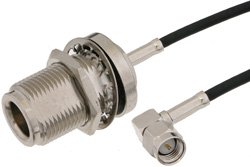 SMA Male Right Angle to N Female Bulkhead Cable 36 Inch Length Using RG174 Coax