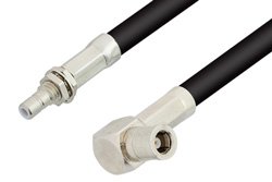 SMB Plug Right Angle to SMB Jack Bulkhead Cable 12 Inch Length Using RG223 Coax, RoHS