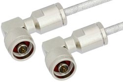 N Male Right Angle to N Male Right Angle Cable 24 Inch Length Using PE-SR401FL Coax