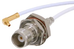 TNC Female Bulkhead to MMCX Plug Right Angle Cable 60 Inch Length Using RG188 Coax