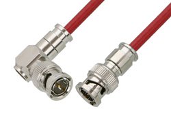 75 Ohm BNC Male to 75 Ohm BNC Male Right Angle Cable Using 75 Ohm PE-B159-RD Red Coax