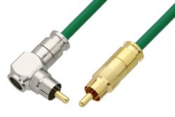75 Ohm RCA Male to 75 Ohm RCA Male Right Angle Cable 24 Inch Length Using 75 Ohm PE-B159-GR Green Coax