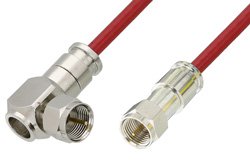 75 Ohm F Male to 75 Ohm F Male Right Angle Cable 60 Inch Length Using 75 Ohm PE-B159-RD Red Coax