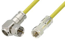 75 Ohm F Male to 75 Ohm F Male Right Angle Cable Using 75 Ohm PE-B159-YW Yellow Coax