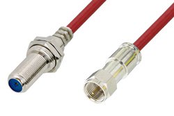 75 Ohm F Male to 75 Ohm F Female Bulkhead Cable 12 Inch Length Using 75 Ohm PE-B159-RD Red Coax