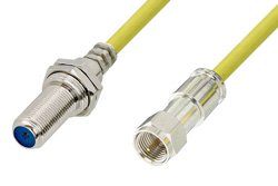 75 Ohm F Male to 75 Ohm F Female Bulkhead Cable 12 Inch Length Using 75 Ohm PE-B159-YW Yellow Coax
