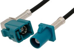 Water Blue FAKRA Plug to FAKRA Jack Right Angle Cable 24 Inch Length Using PE-C100-LSZH Coax