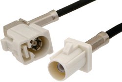White FAKRA Plug to FAKRA Jack Right Angle Cable 12 Inch Length Using RG174 Coax