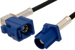 Blue FAKRA Plug to FAKRA Jack Right Angle Cable 12 Inch Length Using RG174 Coax