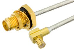 SMA Female Bulkhead to MCX Plug Right Angle Semi-Flexible Precision Cable 12 Inch Length Using PE-SR405FL Coax, RoHS