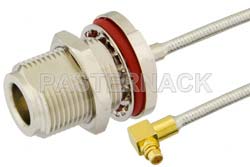 N Female Bulkhead to MMCX Plug Right Angle Semi-Flexible Precision Cable 24 Inch Length Using PE-SR405FL Coax, LF Solder, RoHS