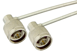 N Male Right Angle to N Male Right Angle Semi-Flexible Precision Cable 9 Inch Length Using PE-SR402FL Coax, LF Solder, RoHS