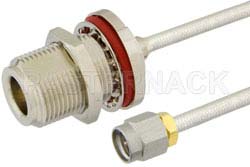 SMA Male to N Female Bulkhead Semi-Flexible Precision Cable 9 Inch Length Using PE-SR402FL Coax, LF Solder, RoHS