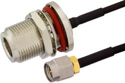 SMA Male to N Female Bulkhead Semi-Flexible Precision Cable 6 Inch Length Using PE-SR405FLJ Coax, RoHS