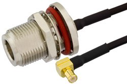 N Female Bulkhead to MCX Plug Right Angle Semi-Flexible Precision Cable 18 Inch Length Using PE-SR405FLJ Coax, RoHS