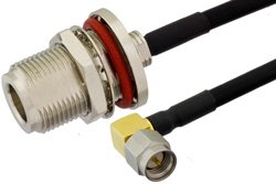 SMA Male Right Angle to N Female Bulkhead Semi-Flexible Precision Cable 18 Inch Length Using PE-SR402FLJ Coax, LF Solder, RoHS