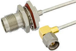 SMA Male Right Angle to TNC Female Bulkhead Semi-Flexible Precision Cable 9 Inch Length Using PE-SR405FL Coax , LF Solder
