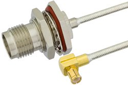 TNC Female Bulkhead to MCX Plug Right Angle Semi-Flexible Precision Cable 6 Inch Length Using PE-SR405FL Coax, LF Solder, RoHS
