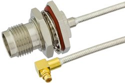TNC Female Bulkhead to MMCX Plug Right Angle Semi-Flexible Precision Cable Using PE-SR405FL Coax, LF Solder