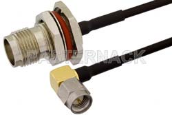 SMA Male Right Angle to TNC Female Bulkhead Semi-Flexible Precision Cable 24 Inch Length Using PE-SR405FLJ Coax, LF Solder, RoHS