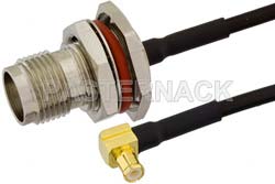 TNC Female Bulkhead to MCX Plug Right Angle Semi-Flexible Precision Cable 24 Inch Length Using PE-SR405FLJ Coax, LF Solder, RoHS
