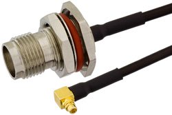 TNC Female Bulkhead to MMCX Plug Right Angle Semi-Flexible Cable 24 Inch Length Using PE-SR405FLJ Coax with HeatShrink, LF Solder, RoHS