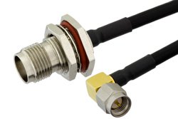 SMA Male Right Angle to TNC Female Bulkhead Semi-Flexible Precision Cable 6 Inch Length Using PE-SR402FLJ Coax, LF Solder, RoHS
