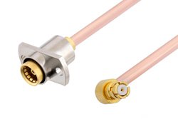 Slide-On BMA Jack 2 Hole Flange to SMP Female Right Angle Cable 6 Inch Length Using RG405 Coax