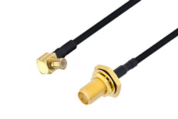 MCX Plug Right Angle to SMA Female Bulkhead Cable 60 Inch Length Using PE-SR405FLJ Coax , LF Solder