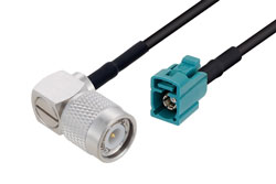 Fire Rated TNC Male Right Angle to Water Blue FAKRA Jack Low Loss Cable Using LMR-100-FR Coax with HeatShrink in 100CM