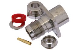 TNC Female Connector Clamp/Solder Attachment 4 Hole Flange For RG58, RG55, RG141, RG142, RG223, RG400, .500 inch Threaded Hole Spacing