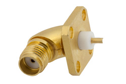 SMA Female Radius Right Angle Connector Solder Attachment 4 Hole Flange Mount Solder Cup Terminal, .340 inch Hole Spacing