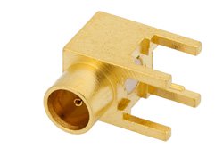 75 Ohm MCX Jack Right Angle Connector Solder Attachment Thru Hole PCB, .200 inch x .055 inch Hole Spacing