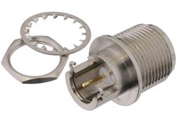 N Female Bulkhead Mount Connector Solder Attachment End Launch PCB, .630 inch Diameter