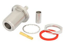 N Female Bulkhead Connector Crimp/Solder Attachment For LMR-200, PE-C200, .640 inch DD Hole