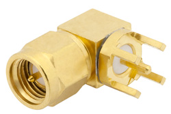 SMA Male Right Angle Connector Solder Attachment Thru Hole PCB, .200 inch x .067 inch Hole Spacing