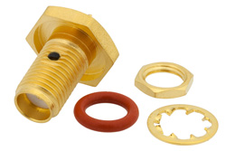 SMA Female Bulkhead Mount Connector Solder Attachment Solder Cup Terminal, .235 inch D Hole, .093 inch Max Panel