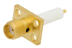 SMA Female Connector Solder Attachment 4 Hole Flange Pin Terminal, .375 inch x .500 inch Hole Spacing