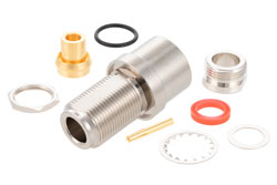 N Female Bulkhead Connector Clamp/Solder Attachment For PE-SR401AL, PE-SR401FL, RG401, .640 inch DD Hole