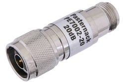 20 dB Fixed Attenuator, N Male to N Female Brass Nickel Body Rated to 1 Watt Up to 3 GHz