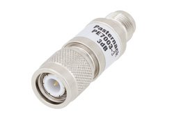 3 dB Fixed Attenuator, TNC Male to TNC Female Brass Nickel Body Rated to 2 Watts Up to 2 GHz