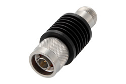 20 dB Fixed Attenuator, N Male to N Female Black Anodized Aluminum Heatsink Body Rated to 10 Watts Up to 18 GHz